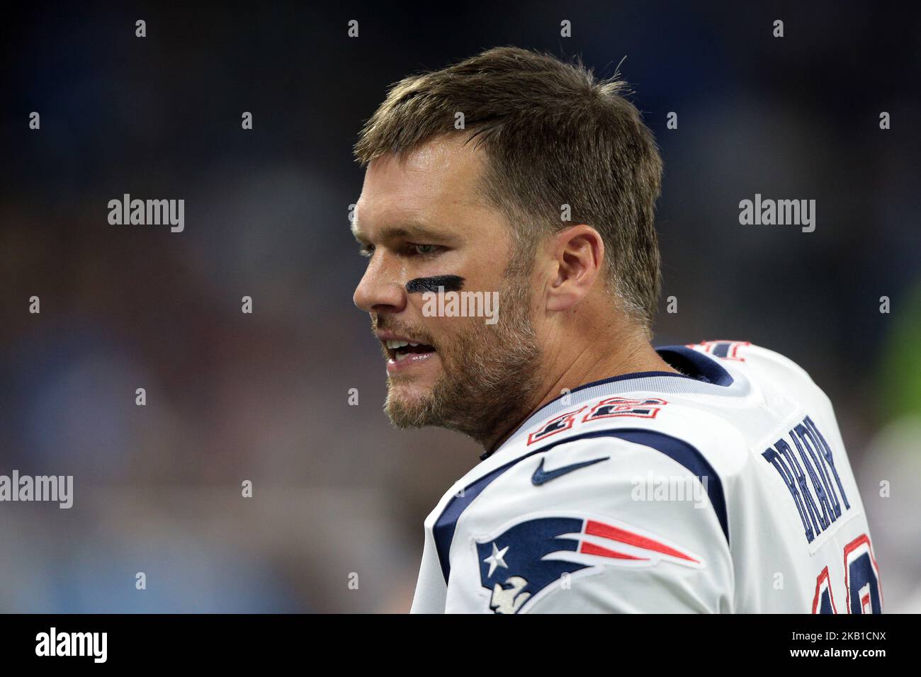New England Patriots quarterback Tom Brady #12 talks to teammates during the first half of an NFL football game against the Detroit Lions in Detroit, Michigan USA, on Thursday, September 23, 2018. (Photo by Jorge Lemus/NurPhoto) Stock Photo