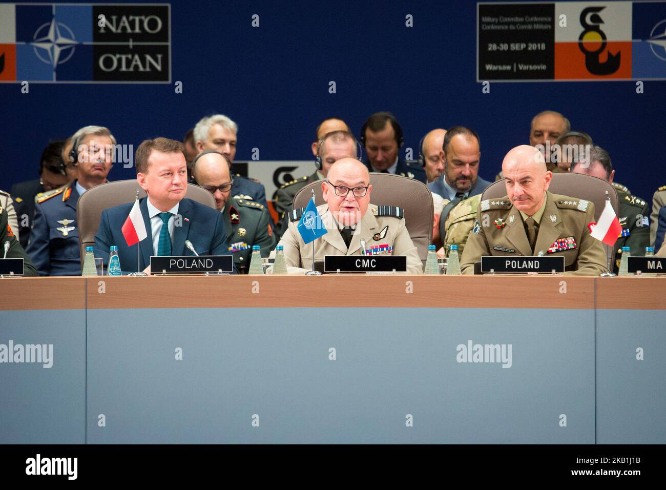 Poland's Defense Minister Mariusz Blaszczak, Chairman of the NATO Military Committee, Air Chief Marshal Sir Stuart Peach and Chief of the General Staff of the Polish Armed Forces, Lieutenant General Rajmund Andrzejczak during a opening ceremony of the NATO Military Committee Conference meeting at Double Tree by Hilton hotel in Warsaw, Poland on 29 September 2018 (Photo by Mateusz Wlodarczyk/NurPhoto) Stock Photo