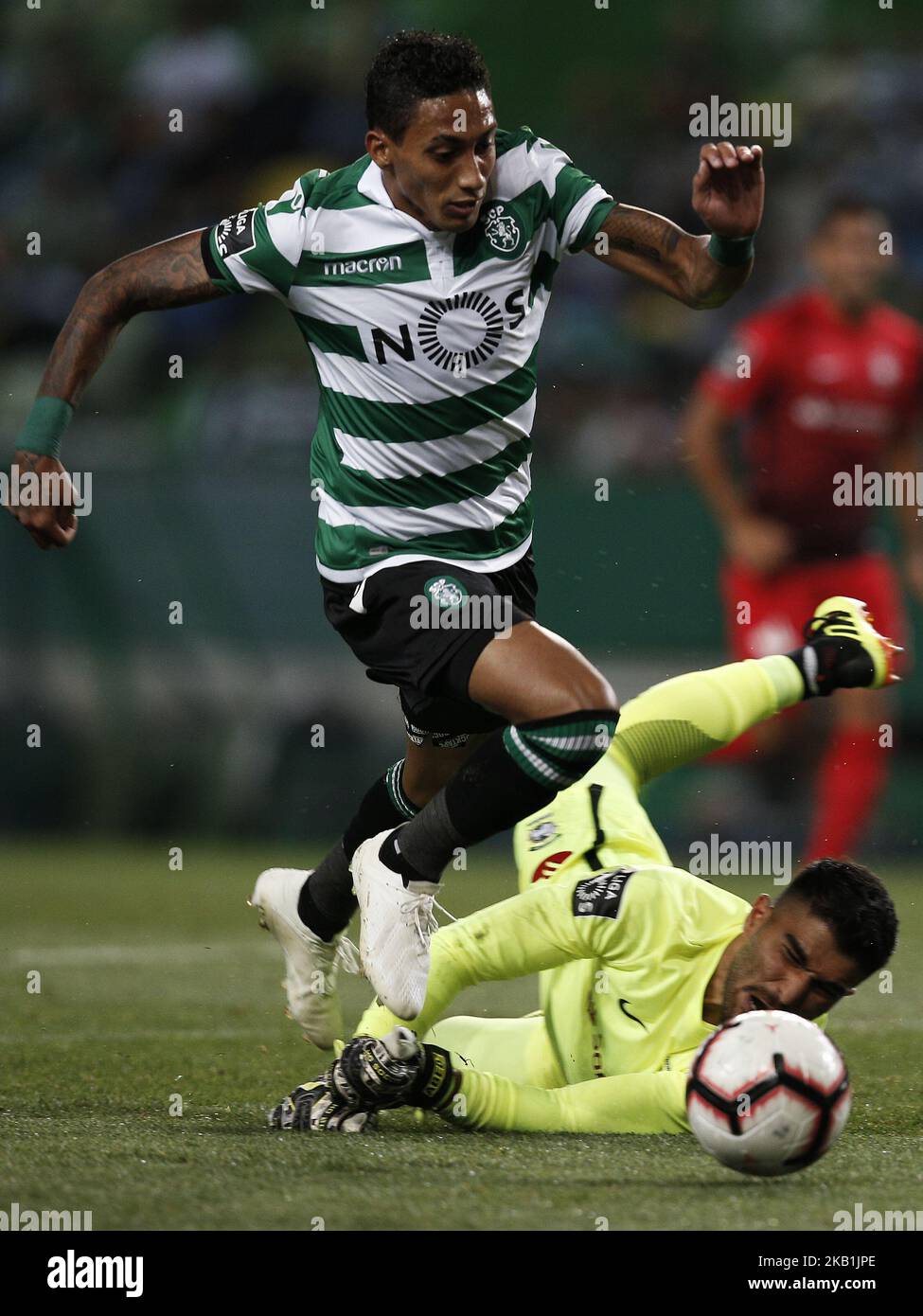 Raphinha of Sporting (L) vies for the ball with Amir Abedzadeh of Maritimo (R) during Primeira Liga 2018/19 match between Sporting CP vs CS Maritimo, in Lisbon, on September 29, 2018. (Photo by Carlos Palma/NurPhoto) Stock Photo