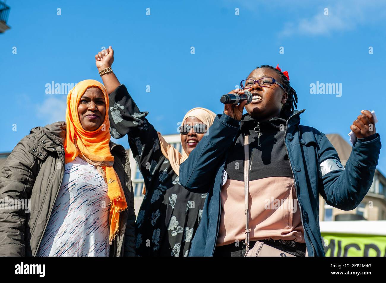 More than 400 initiatives call for a big demonstration under the slogan 'United Against Racism' on 29 September 2018 in Hamburg, Germany. 'We'll come united', is an open initiative of people from different social, antiracist and political networks, including refugees. They organized a massive demonstration against racism in Hamburg where around thirty thousand people from different countries gathered at the Rathausmarkt. Over 40 trucks from different organizations with their slogans against racism marched along the parade. After the demonstration, people gathered at the harbor, where several s Stock Photo