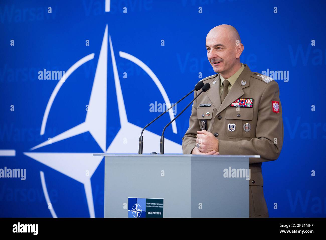 Chief of the General Staff of the Polish Armed Forces, Lieutenant General Rajmund Andrzejczak during the press conference summarizing the NATO Military Committee Conference meeting at Double Tree by Hilton hotel in Warsaw, Poland on 29 September 2018 (Photo by Mateusz Wlodarczyk/NurPhoto) Stock Photo