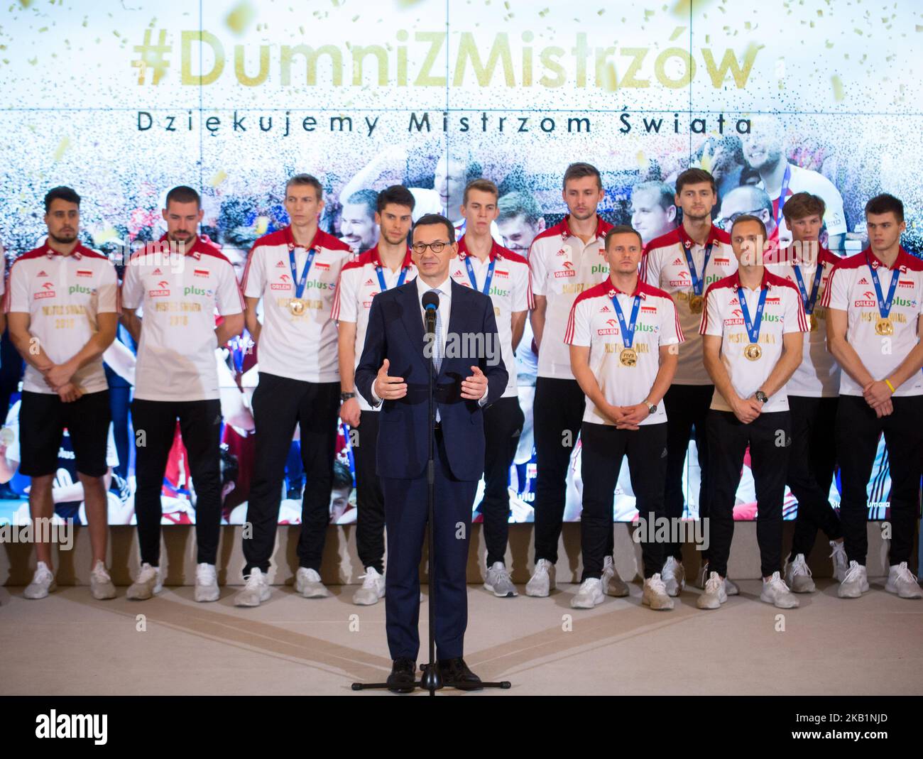 Prime Minister of Poland Mateusz Morawiecki during the meeting with Poland men's national volleyball team at Chancellery of the Prime Minister in Warsaw, Poland on 1 October 2018. Poland won the gold medal after defeating Brazil in FIVB Volleyball Men's World Championship Final in Turin on 30 September. (Photo by Mateusz Wlodarczyk/NurPhoto) Stock Photo