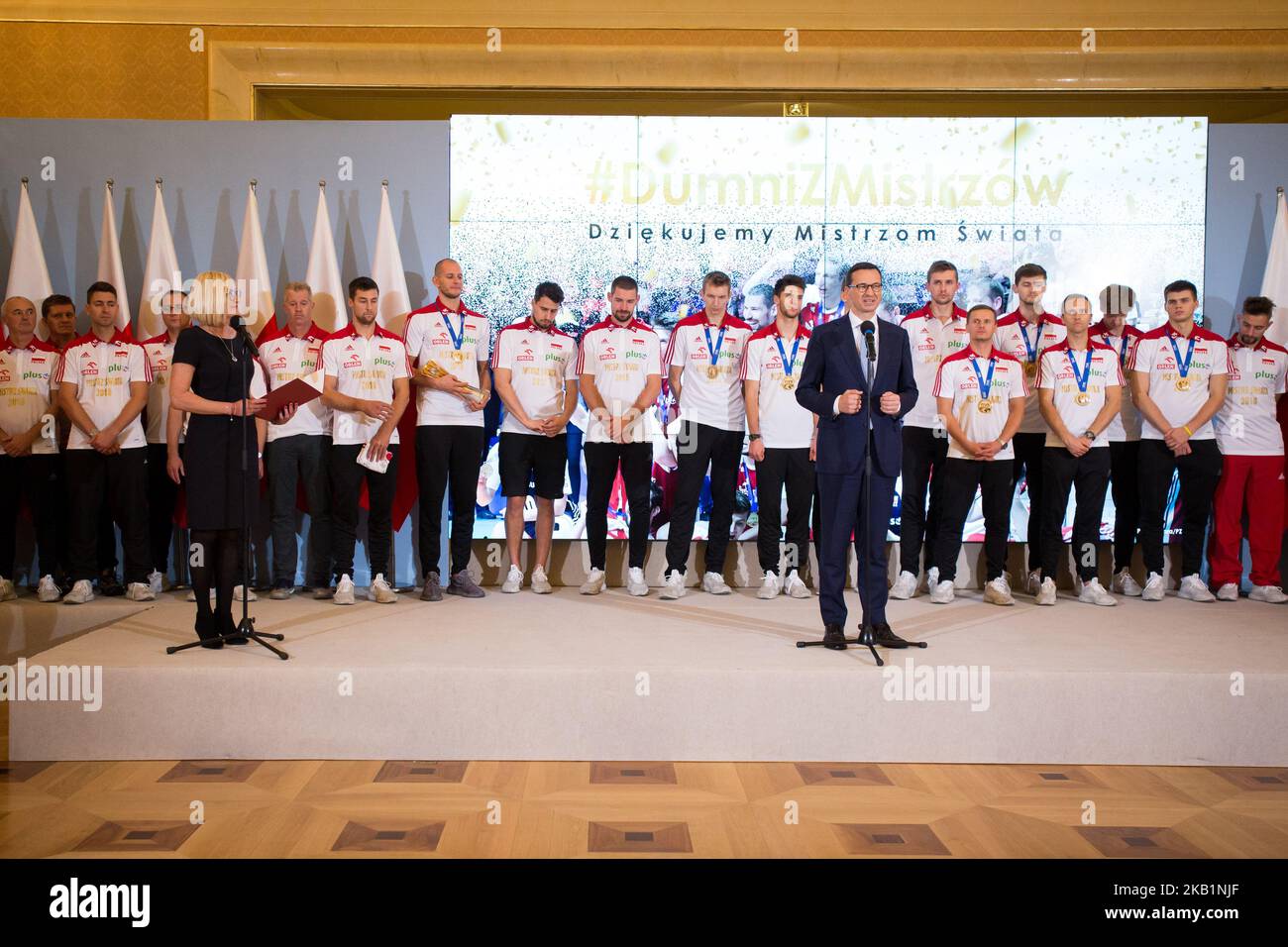 Prime Minister of Poland Mateusz Morawiecki during the meeting with Poland men's national volleyball team at Chancellery of the Prime Minister in Warsaw, Poland on 1 October 2018. Poland won the gold medal after defeating Brazil in FIVB Volleyball Men's World Championship Final in Turin on 30 September. (Photo by Mateusz Wlodarczyk/NurPhoto) Stock Photo