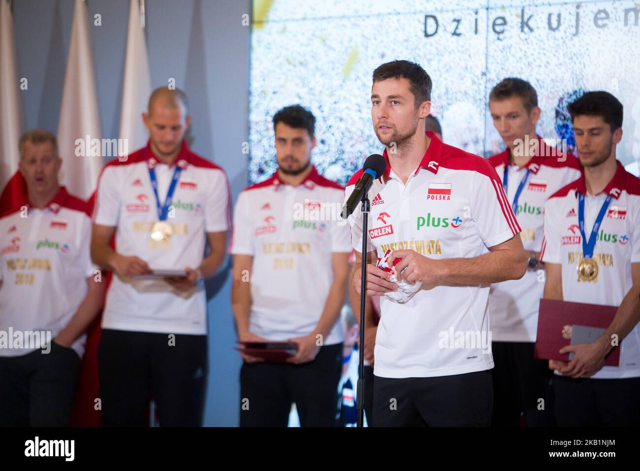 Michal Kubiak and Poland men's national volleyball team during the meeting with Prime Minister of Poland Mateusz Morawiecki at Chancellery of the Prime Minister in Warsaw, Poland on 1 October 2018. Poland won the gold medal after defeating Brazil in FIVB Volleyball Men's World Championship Final in Turin on 30 September. (Photo by Mateusz Wlodarczyk/NurPhoto) Stock Photo