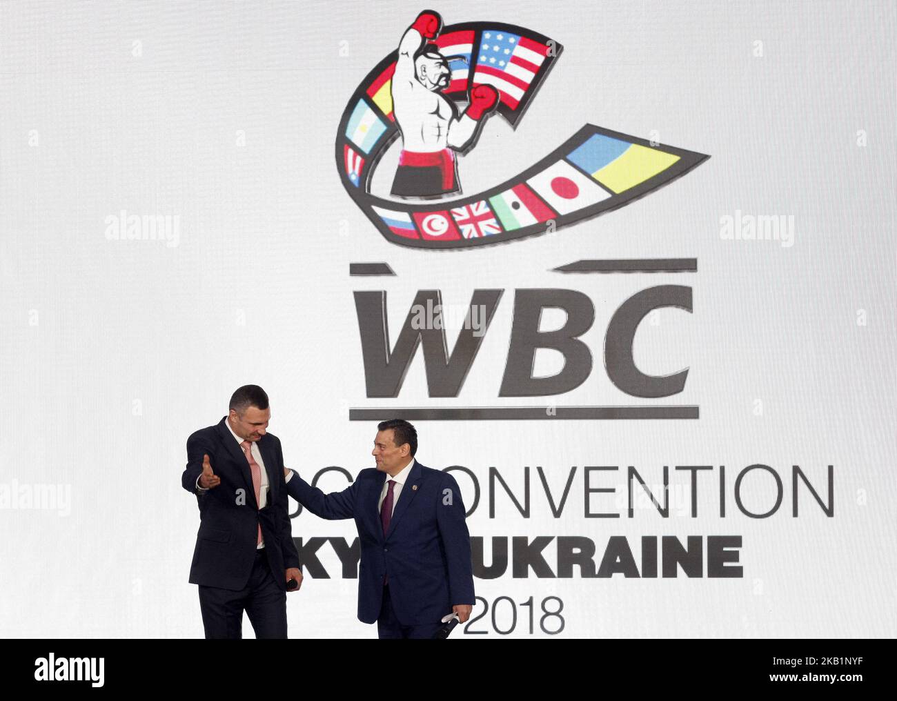 WBC President Mauricio Sulaiman (R) and Kiev's Mayor and former heavyweight boxing champion Vitali Klitschko (L) attend an official opening of the 56th WBC ( World Boxing Council ) Convention in Kiev, Ukraine, 01 October, 2018. The 56th WBC Convention takes place in Kiev from September 30 to October 05. The event participate of boxing legends Lennox Lewis, Evander Holyfield, Eric Morales, Alexander Usik, Vitali Klitschko and about 700 congress participants from 160 countries. (Photo by NurPhoto) Stock Photo