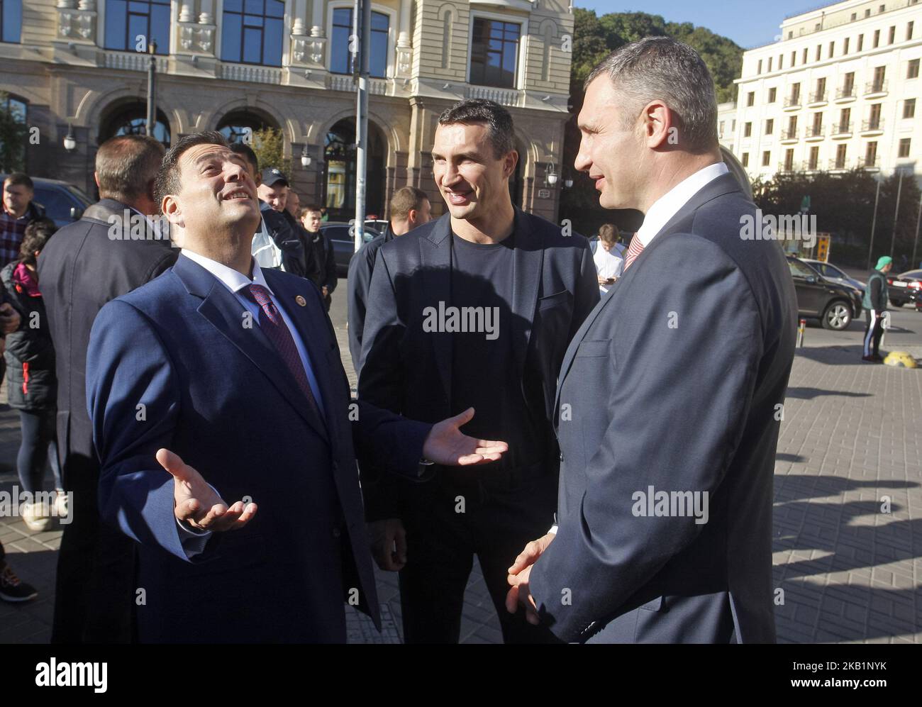 (L-R) WBC President Mauricio Sulaiman,Ukrainian heavyweight boxing champion Vladimir Klitschko and Kiev's Mayor and ex heavyweight boxing champion Vitali Klitschko attend an official opening of the 56th WBC ( World Boxing Council ) Convention in Kiev, Ukraine, 01 October, 2018. The 56th WBC Convention takes place in Kiev from September 30 to October 05. The event participate of boxing legends Lennox Lewis, Evander Holyfield, Eric Morales, Alexander Usik, Vitali Klitschko and about 700 congress participants from 160 countries. (Photo by NurPhoto) Stock Photo