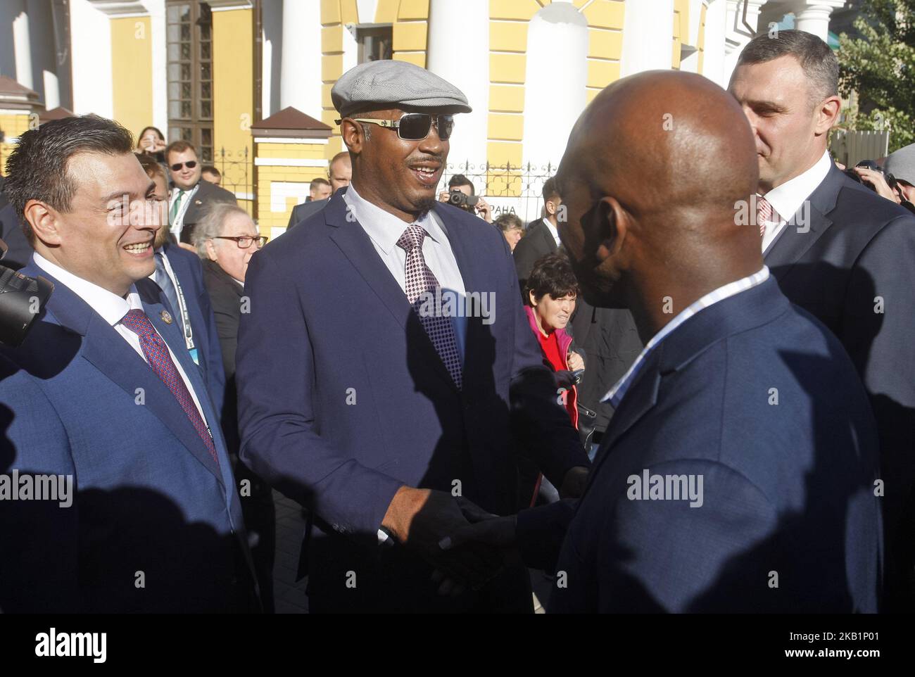 (L-R) WBC President Mauricio Sulaiman,ex boxing champion Lennox Lewis,ex boxing champion of the World Evander Holyfield and Kiev's Mayor and ex heavyweight boxing champion Vitali Klitschko attend an official opening of the 56th WBC ( World Boxing Council ) Convention in Kiev, Ukraine, 01 October, 2018. The 56th WBC Convention takes place in Kiev from September 30 to October 05. The event participate of boxing legends Lennox Lewis, Evander Holyfield, Eric Morales, Alexander Usik, Vitali Klitschko and about 700 congress participants from 160 countries. (Photo by NurPhoto) Stock Photo