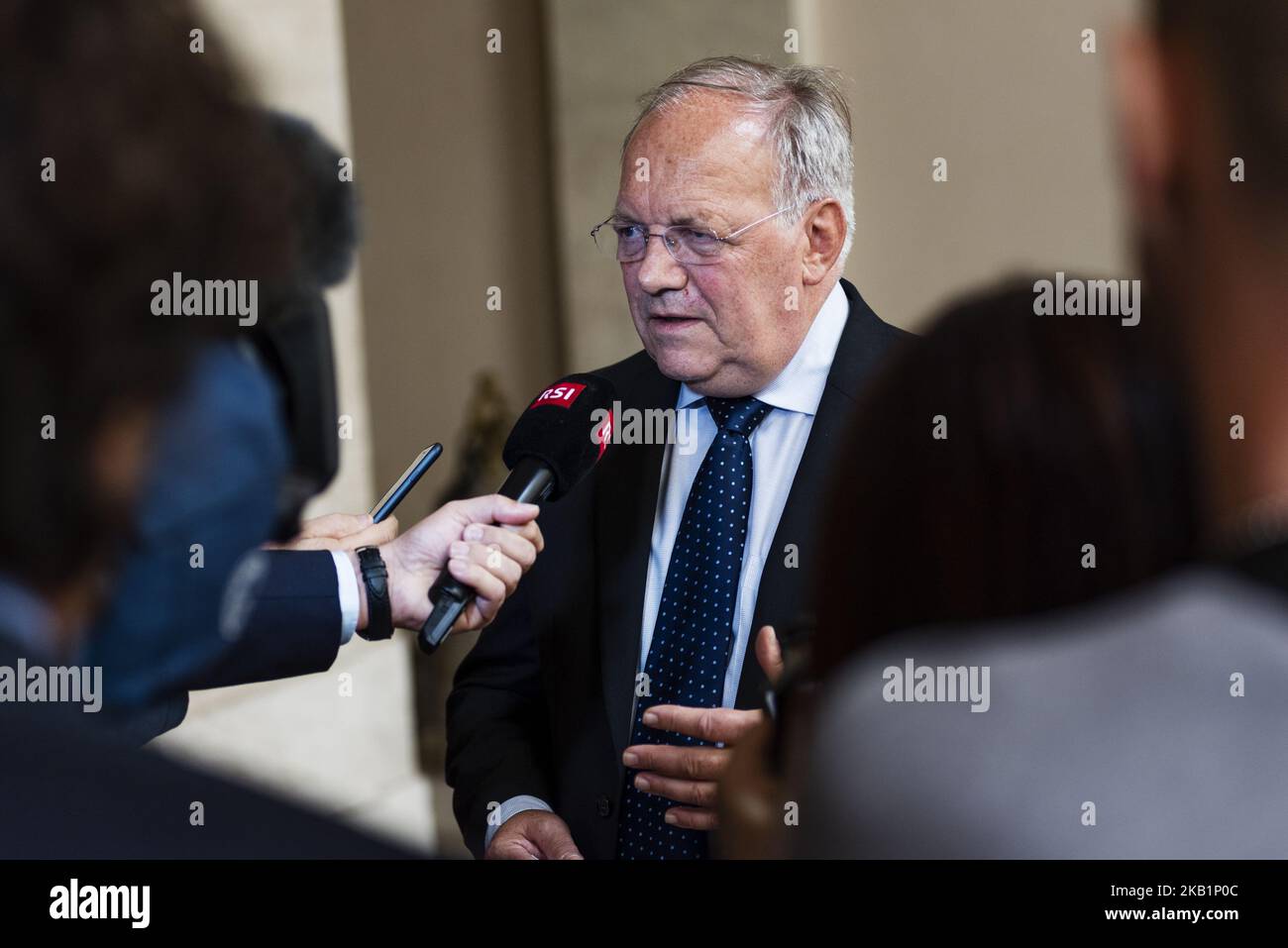Swiss Confederation Councillor Johann Schneider-Ammann speaks with the press after a meeting at Palazzo Grazioli with Italian Deputy Prime Minister and Minister of Economic Development, Labour and Social Policies Luigi Di Maio in Rome, Italy, on October 01, 2018. (Photo by Michele Spatari/NurPhoto) Stock Photo