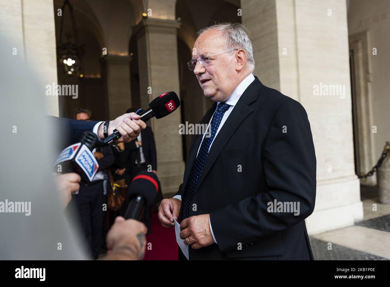 Swiss Confederation Councillor Johann Schneider-Ammann speaks with the press after a meeting at Palazzo Grazioli with Italian Deputy Prime Minister and Minister of Economic Development, Labour and Social Policies Luigi Di Maio in Rome, Italy, on October 01, 2018. (Photo by Michele Spatari/NurPhoto) Stock Photo