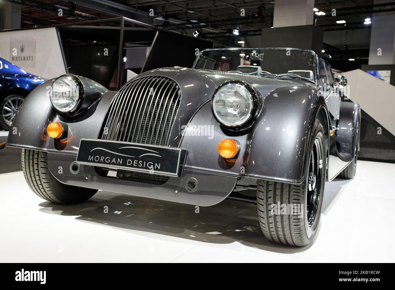 A Morgan Plus 4 is seen during the Paris Motor Show at the Parc des Expositions at the Porte de Versailles on October 2, 2018 in Paris. The Paris Motor Show will present the latest models from the world's leading car manufacturers at the Paris Expo Exhibition Center from October 4 to 14, 2018. (Photo by Daniel Pier/NurPhoto) Stock Photo