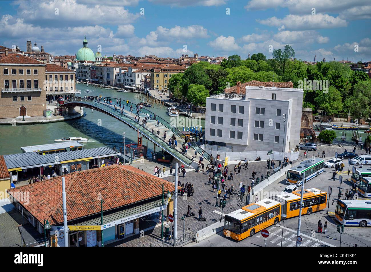Venice, Italy - May 10, 2019: Piazzale Roma public transport in Venice, tram and bus station, with Ponte della Costituzione over the Grand Canal, This Stock Photo