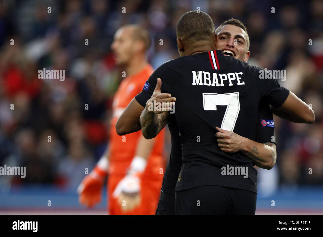 Kylian Mbappe, Marco Verratti of PSG during the Group C match of the UEFA Champions League between Paris Saint-Germain and Red Star Belgrade at Parc des Princes on October 3, 2018 in Paris, France. (Photo by Mehdi Taamallah / NurPhoto) Stock Photo