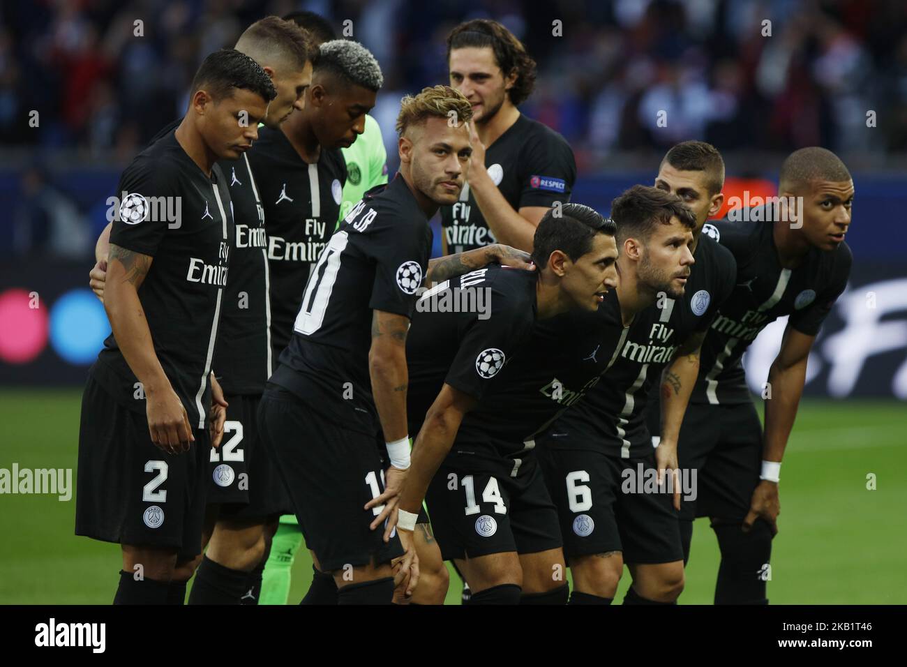 Players of PSG during the Group C match of the UEFA Champions League between Paris Saint-Germain and Red Star Belgrade at Parc des Princes on October 3, 2018 in Paris, France. (Photo by Mehdi Taamallah / NurPhoto) Stock Photo