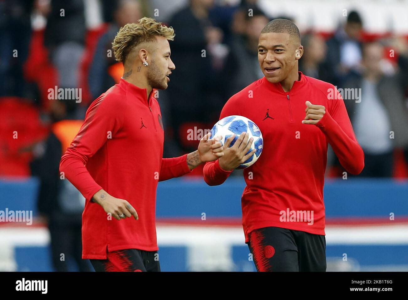Kylian Mbappe, Neymar (L) of PSG during the Group C match of the UEFA Champions League between Paris Saint-Germain and Red Star Belgrade at Parc des Princes on October 3, 2018 in Paris, France. (Photo by Mehdi Taamallah / NurPhoto) Stock Photo