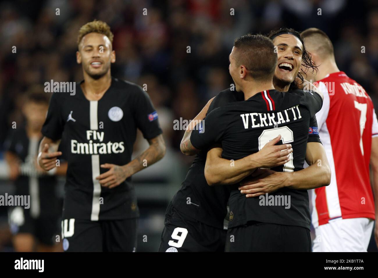 Marco Verratti, Edinson Cavani of PSG during the Group C match of the UEFA Champions League between Paris Saint-Germain and Red Star Belgrade at Parc des Princes on October 3, 2018 in Paris, France. (Photo by Mehdi Taamallah / NurPhoto) Stock Photo