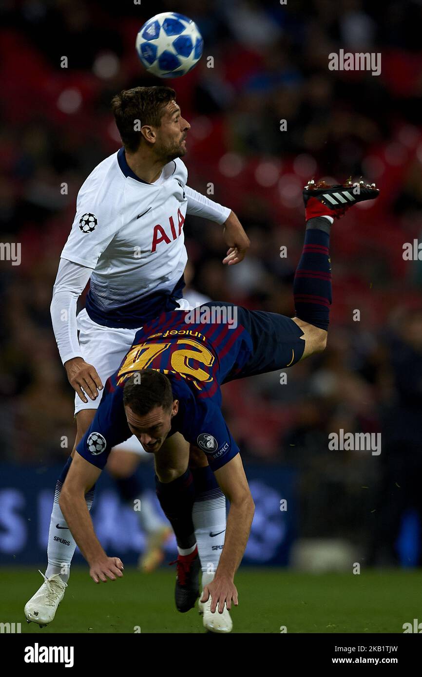 Fernando Llorente of Tottenham and Thomas Vermaelen of Barcelona battle for the ball during the Group B match of the UEFA Champions League between Tottenham Hotspurs and FC Barcelona at Wembley Stadium on October 03, 2018 in London, England. (Photo by Jose Breton/NurPhoto) Stock Photo