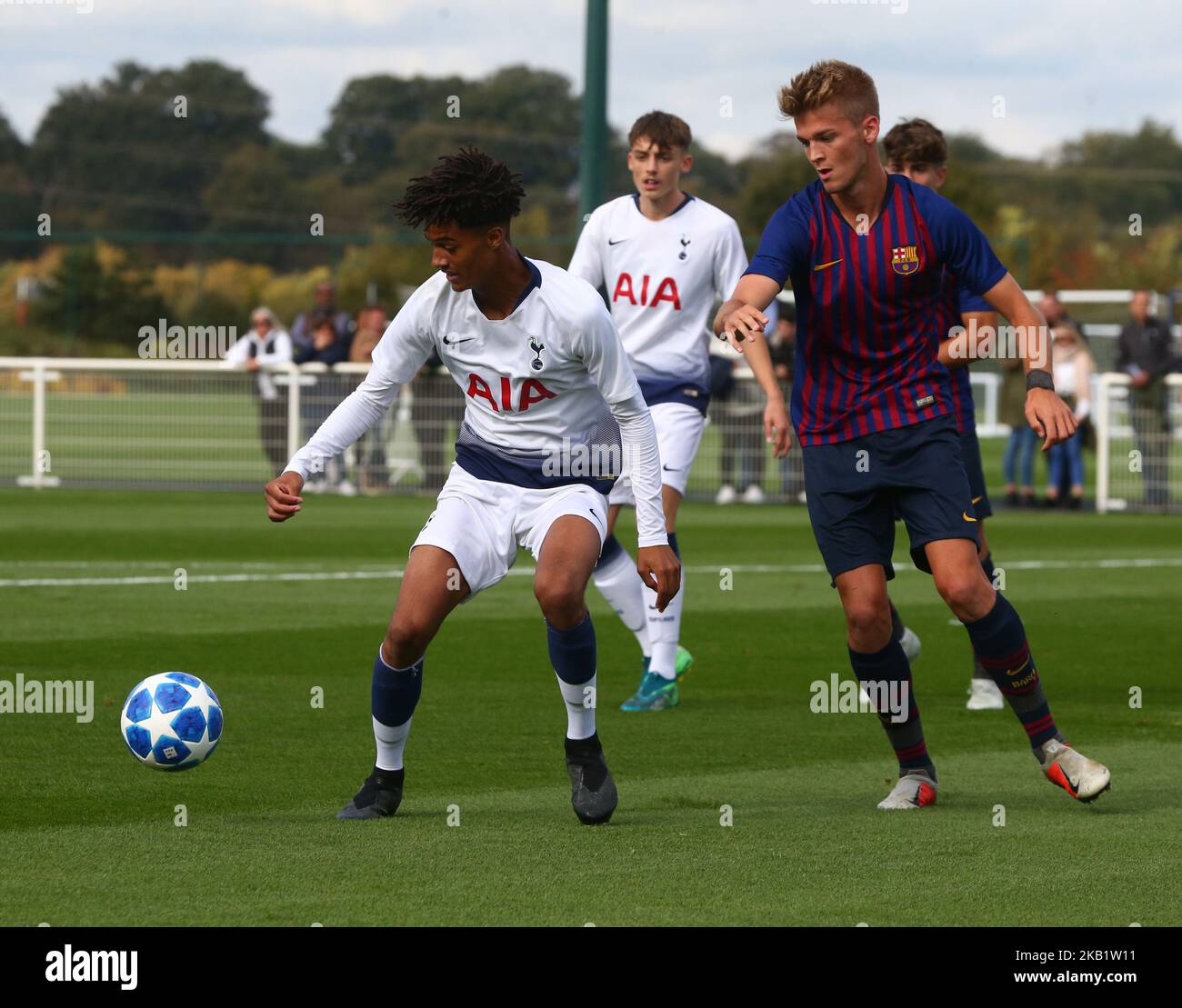 Enfield, UK. 03 October, 2018 L-R Brooklyn Lyons-Foster of Tottenham Hotspur and Arnau Comas of FC Barcelona during UEFA Youth League match between Tottenham Hotspur and FC Barcelona at Hotspur Way, Enfield. (Photo by Action Foto Sport/NurPhoto)  Stock Photo
