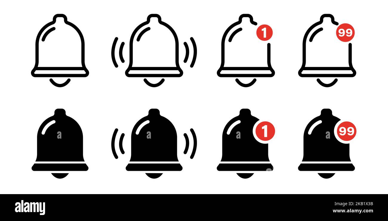 Notification bell icon set. Ringing bell and notification for clock and