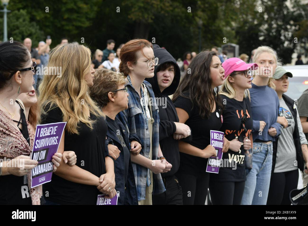 Protestors rallying against the confirmation of Judge Brett Kavanaugh rally on the steps of the US Supreme Court and the US Capitol, in Washington, D.C., on October 6, 2018. (Photo by Bastiaan Slabbers/NurPhoto) Stock Photo