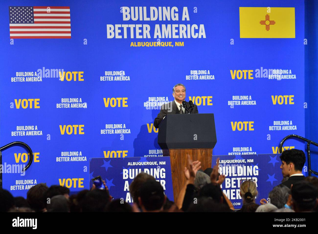 Albuquerque, United States. 03rd Nov, 2022. Joseph Maestas, Democrat candidate for New Mexico State Auditor speaks at a Democratic National Committee campaign rally at the Ted M. Gallegos Community Center on November 3, 2022 in Albuquerque, New Mexico. President Joe Biden campaigned for New Mexico Governor Michelle Lujan Grisham (D-NM) ahead of the November 8 general election. (Photo by Sam Wasson) Credit: Sipa USA/Alamy Live News Stock Photo