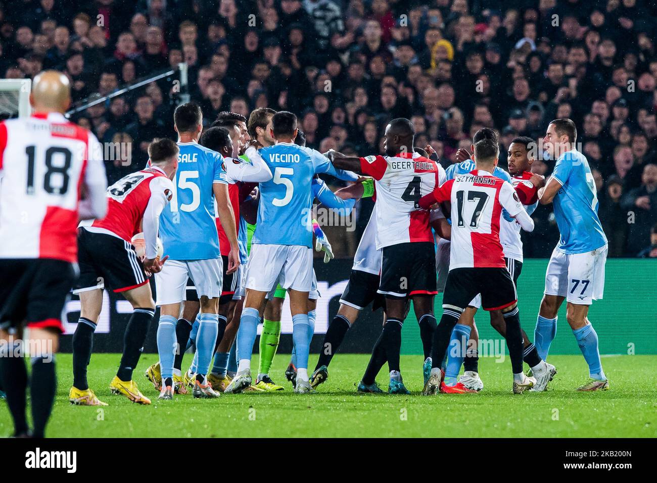 ROTTERDAM - Clash between the two teams during the UEFA Europa League Group F match between Feyenoord and Lazio Roma at Feyenoord Stadium de Kuip on November 3, 2022 in Rotterdam, Netherlands. ANP | Dutch Height | Cor Lasker Stock Photo