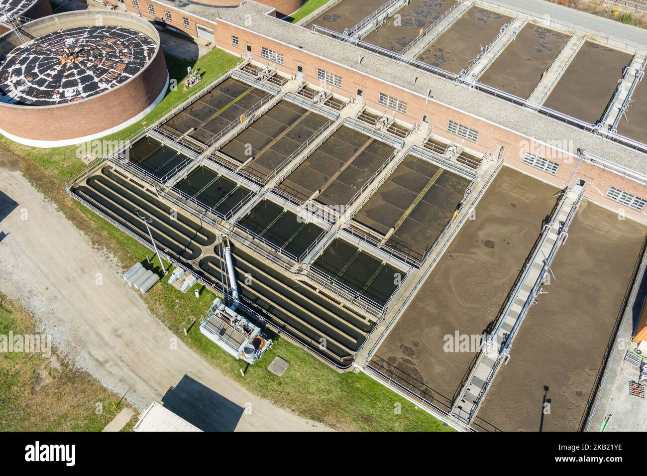Aerial view of waste water treatment facility, Norristown Pennsylvania, USA Stock Photo