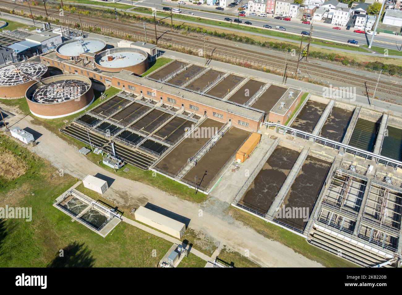 Aerial view of waste water treatment facility, Norristown Pennsylvania, USA Stock Photo
