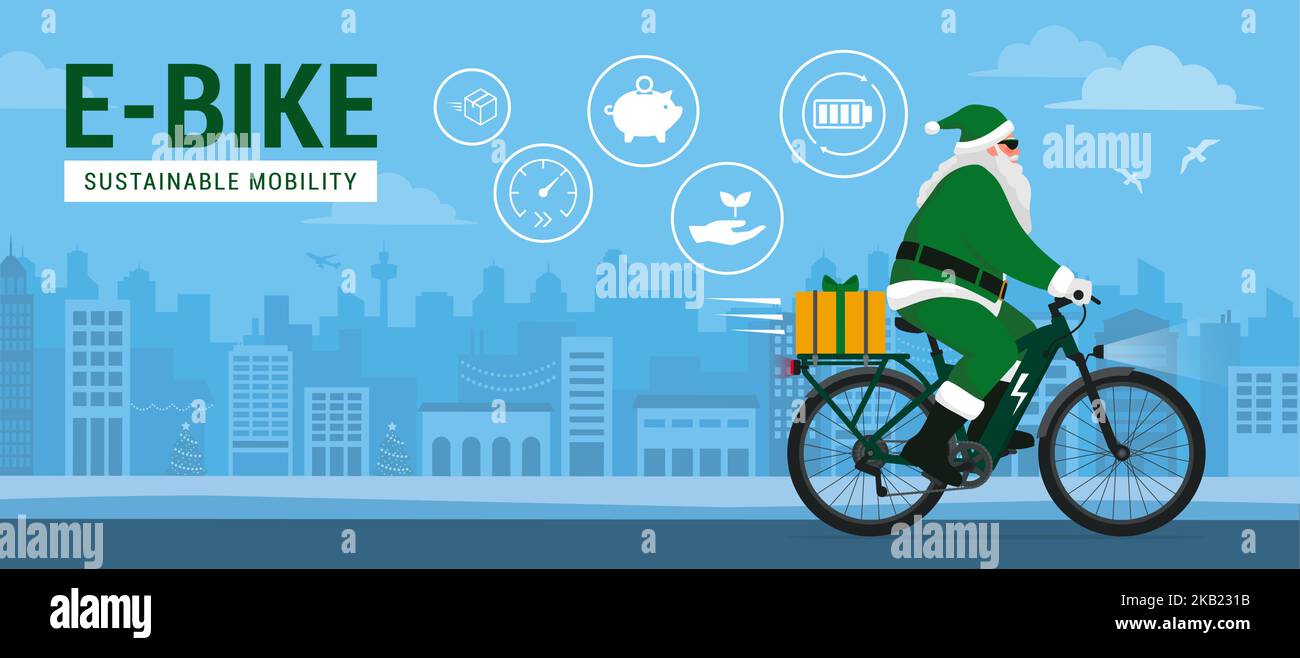 Contemporary eco-friendly Santa Claus riding an e-bike and carrying a Christmas gift, sustainable mobility concept Stock Vector