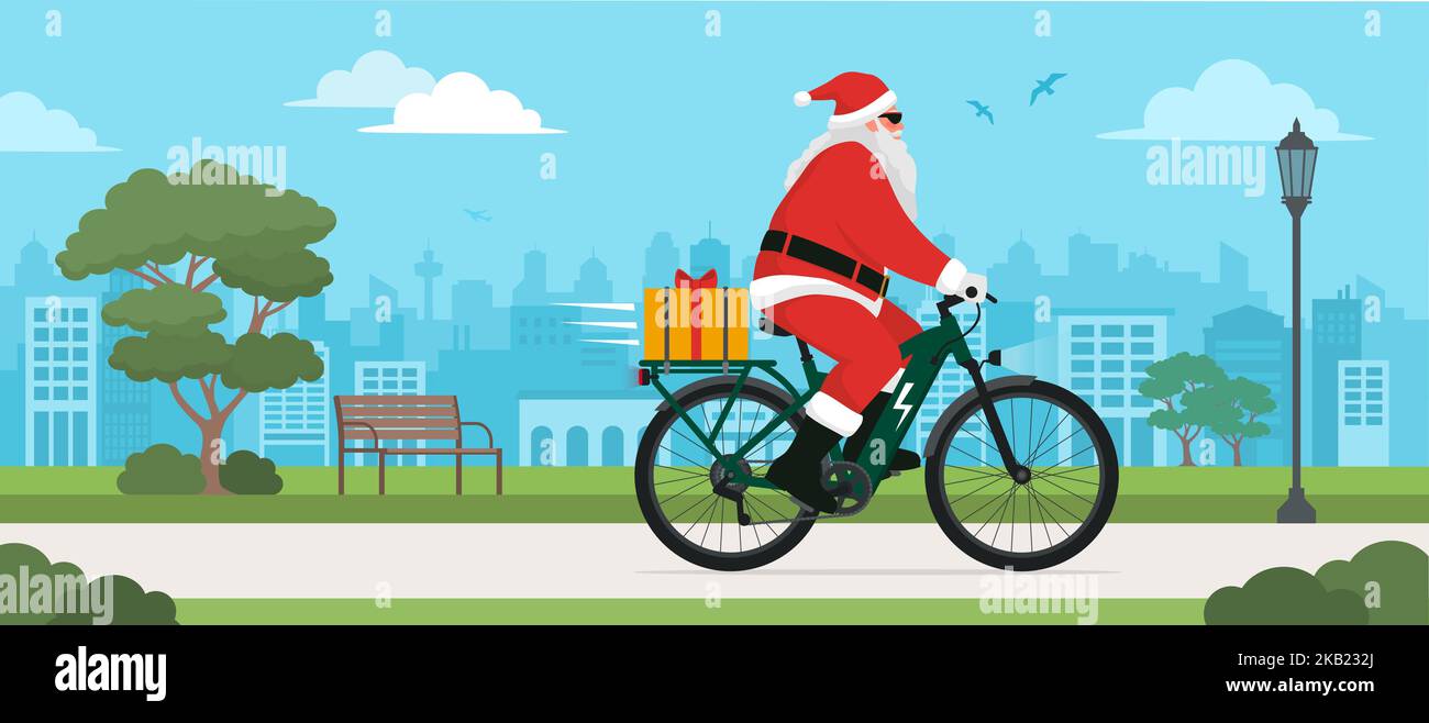 Contemporary eco-friendly Santa Claus riding an e-bike and carrying a Christmas gift Stock Vector