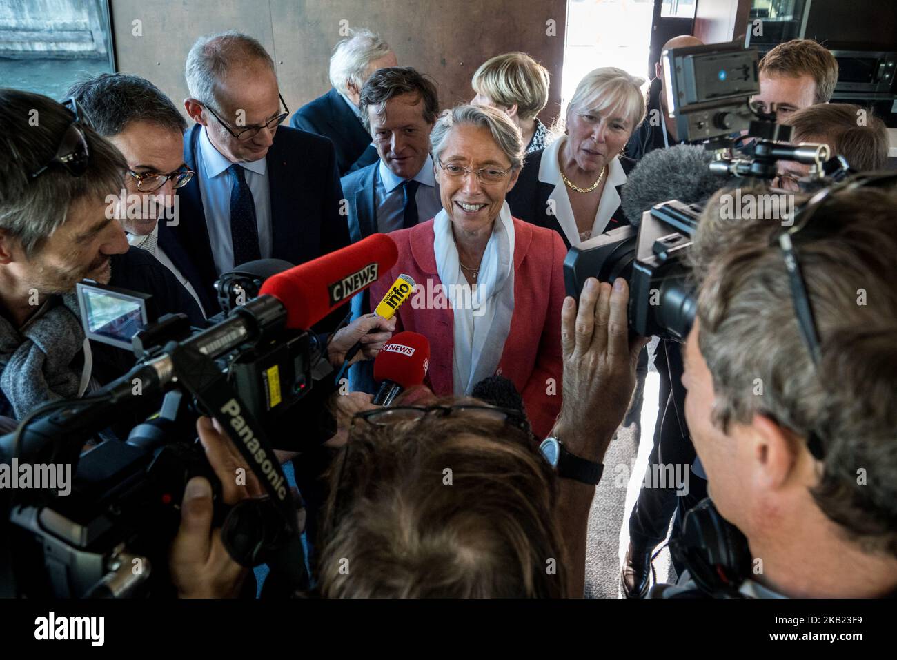 French Transports Minister Elisabeth Borne speaks to press during her visit to the port on the occasion of the 80th anniversary of the creation of the Edouard Herriot port in Lyon, France, on 12 October 2018. (Photo by Nicolas Liponne/NurPhoto) Stock Photo