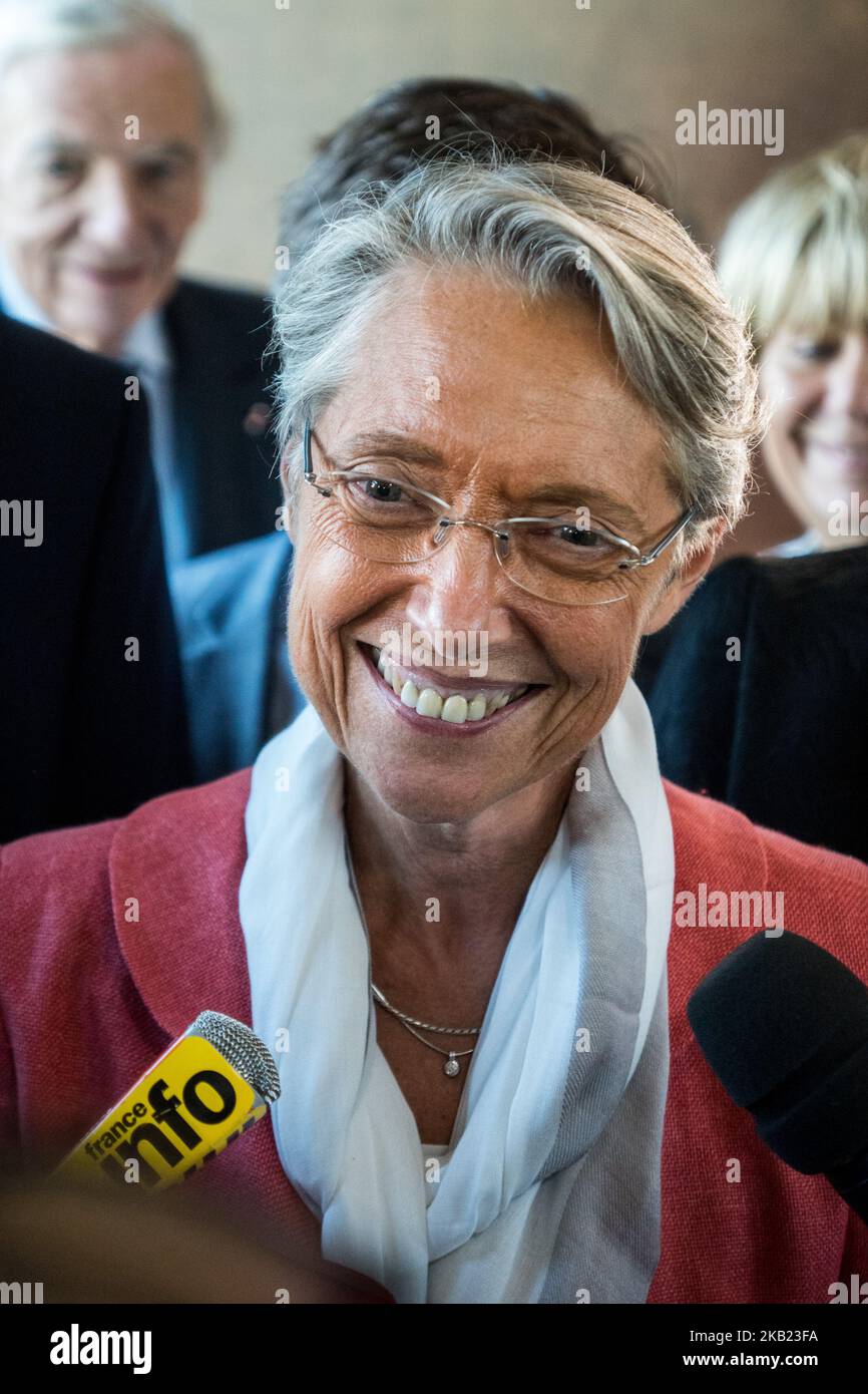 French Transports Minister Elisabeth Borne speaks to press during her visit to the port on the occasion of the 80th anniversary of the creation of the Edouard Herriot port in Lyon, France, on 12 October 2018. (Photo by Nicolas Liponne/NurPhoto) Stock Photo