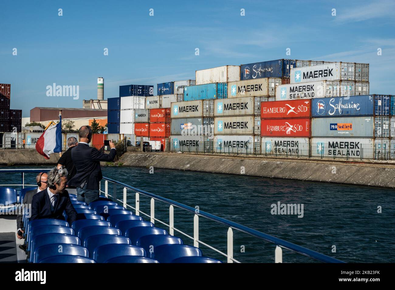 Visit to the port and travel of the Minister of Transport Elisabeth Borne on the occasion of the 80th anniversary of the creation of the Edouard Herriot port in Lyon, France, on 12 October 2018. (Photo by Nicolas Liponne/NurPhoto) Stock Photo