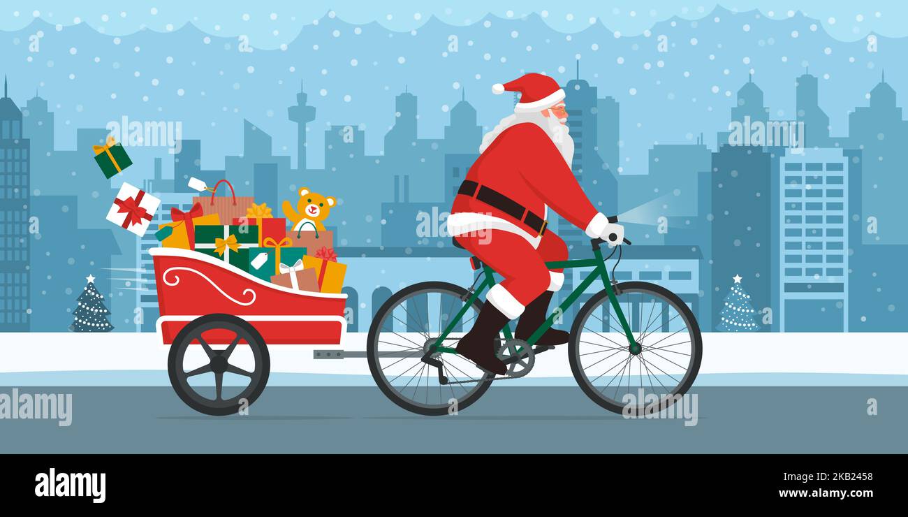 Eco-friendly Santa Claus delivering Christmas gifts, he is riding a bicycle with a trailer in the city street Stock Vector