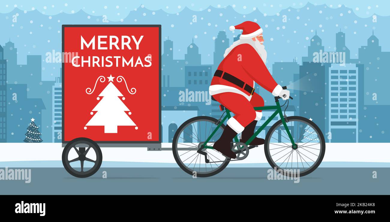 Santa Claus riding a bicycle with trailer advertising in the city street, copy space with Christmas wishes Stock Vector