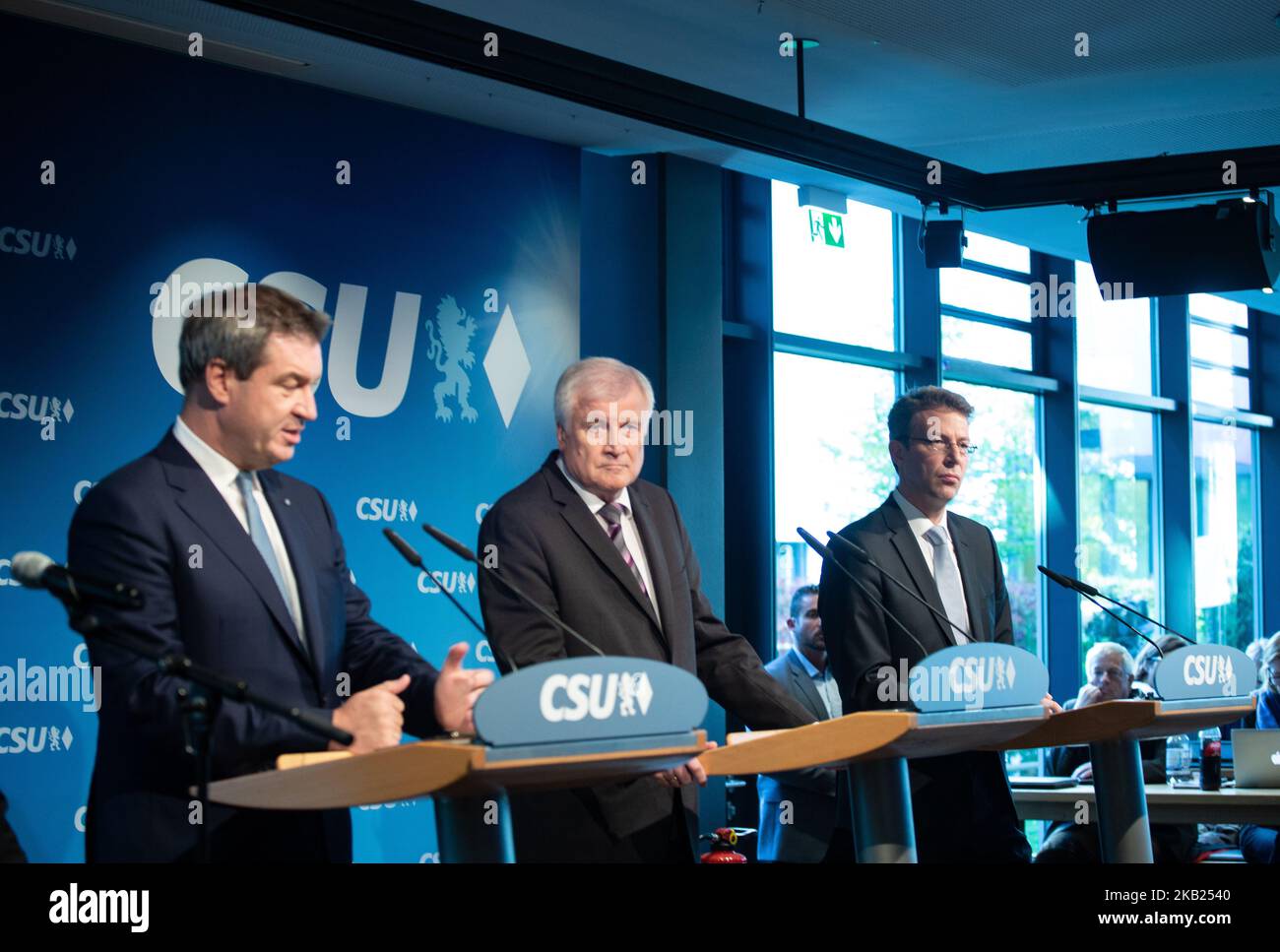 After a board meeting of the Christian Social Union ( CSU ) the secretary general of the CSU Markus Blume, the chairman of the CSU and German Minister of Interior and the Ministerpraesident ( governor ) of Bavaria Markus Soeder held a press conference. (Photo by Alexander Pohl/NurPhoto) Stock Photo