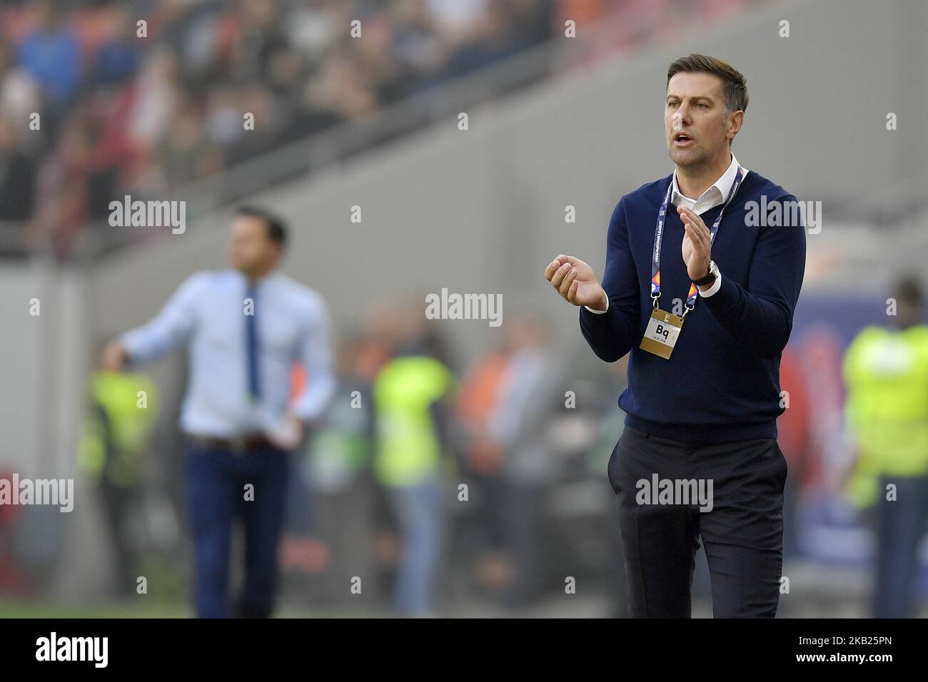 Serbia's head coach Mladen Krstajic reacts during the UEFA Nations League, league 4, group 4, soccer match between Romania and Serbia at the National Arena in Bucharest, Romania, 14 October 2018. (Photo by Alex Nicodim/NurPhoto) Stock Photo