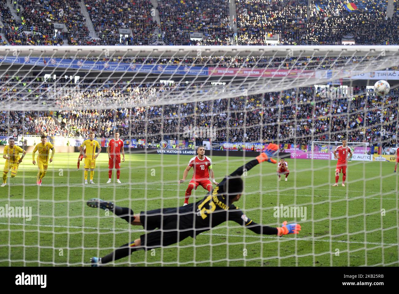 Serbia's Dusan Tadic misses a penalty during the UEFA Nations League, league 4, group 4, soccer match between Romania and Serbia at the National Arena in Bucharest, Romania, 14 October 2018. (Photo by Alex Nicodim/NurPhoto) Stock Photo