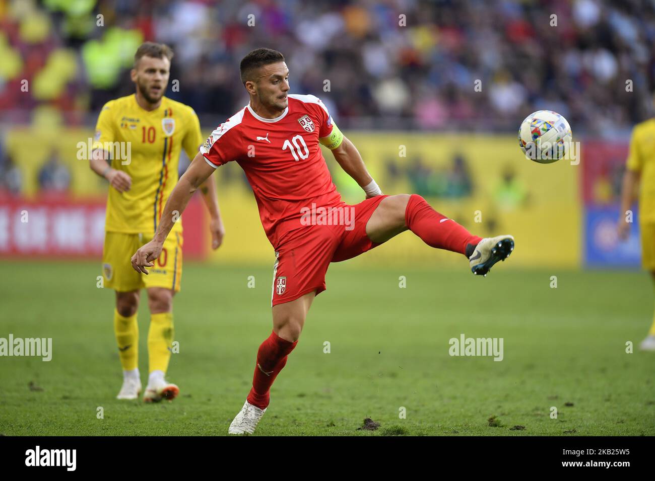Serbia's Dusan Tadic in action during the UEFA Nations League, league 4, group 4, soccer match between Romania and Serbia at the National Arena in Bucharest, Romania, 14 October 2018. (Photo by Alex Nicodim/NurPhoto) Stock Photo