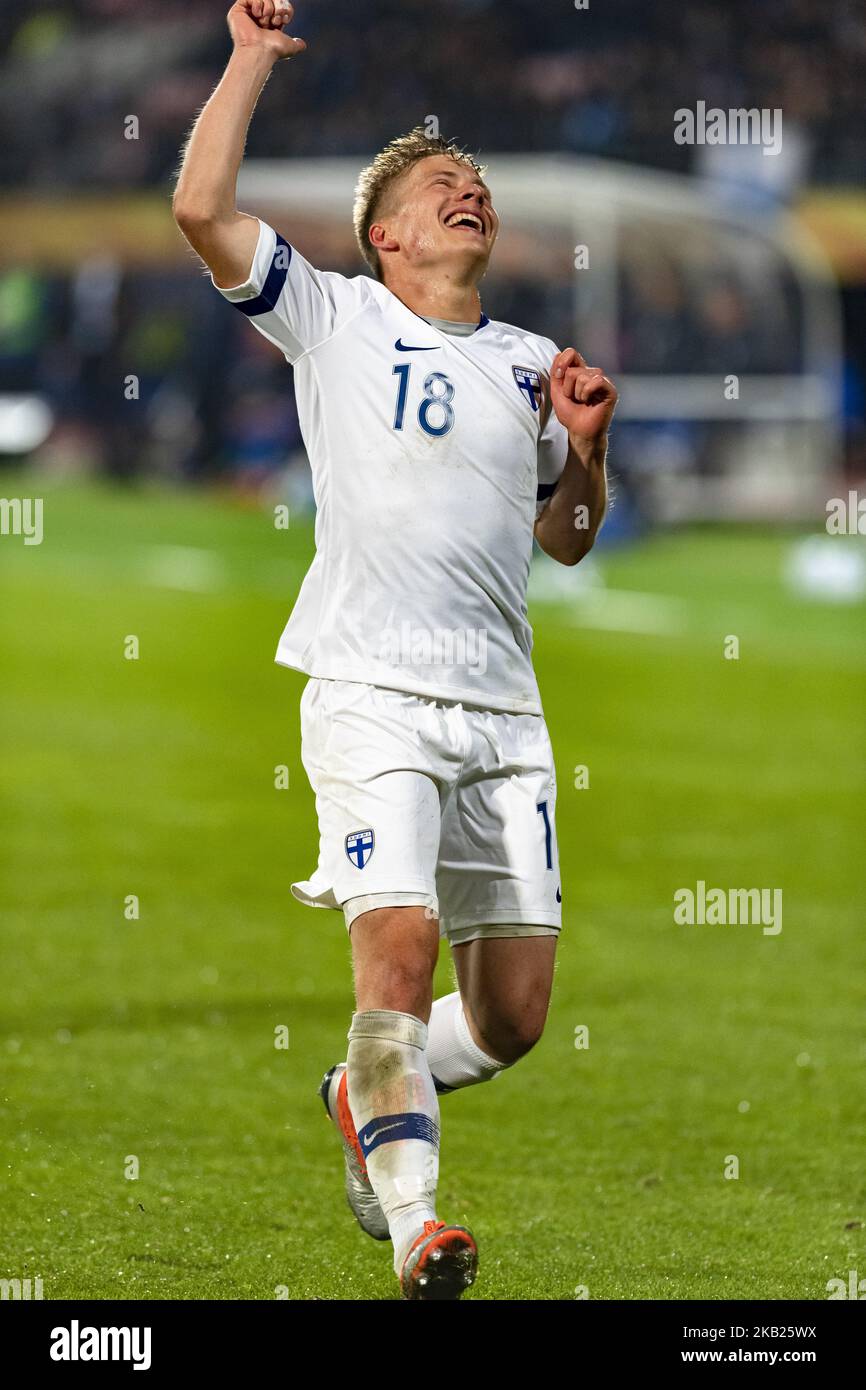 Jere Juhani Uronen of Finland celebrates during the UEFA Nations League group stage football match Finland v Grece in Tampere, Finland on October 15, 2018. (Photo by Antti Yrjonen/NurPhoto) Stock Photo