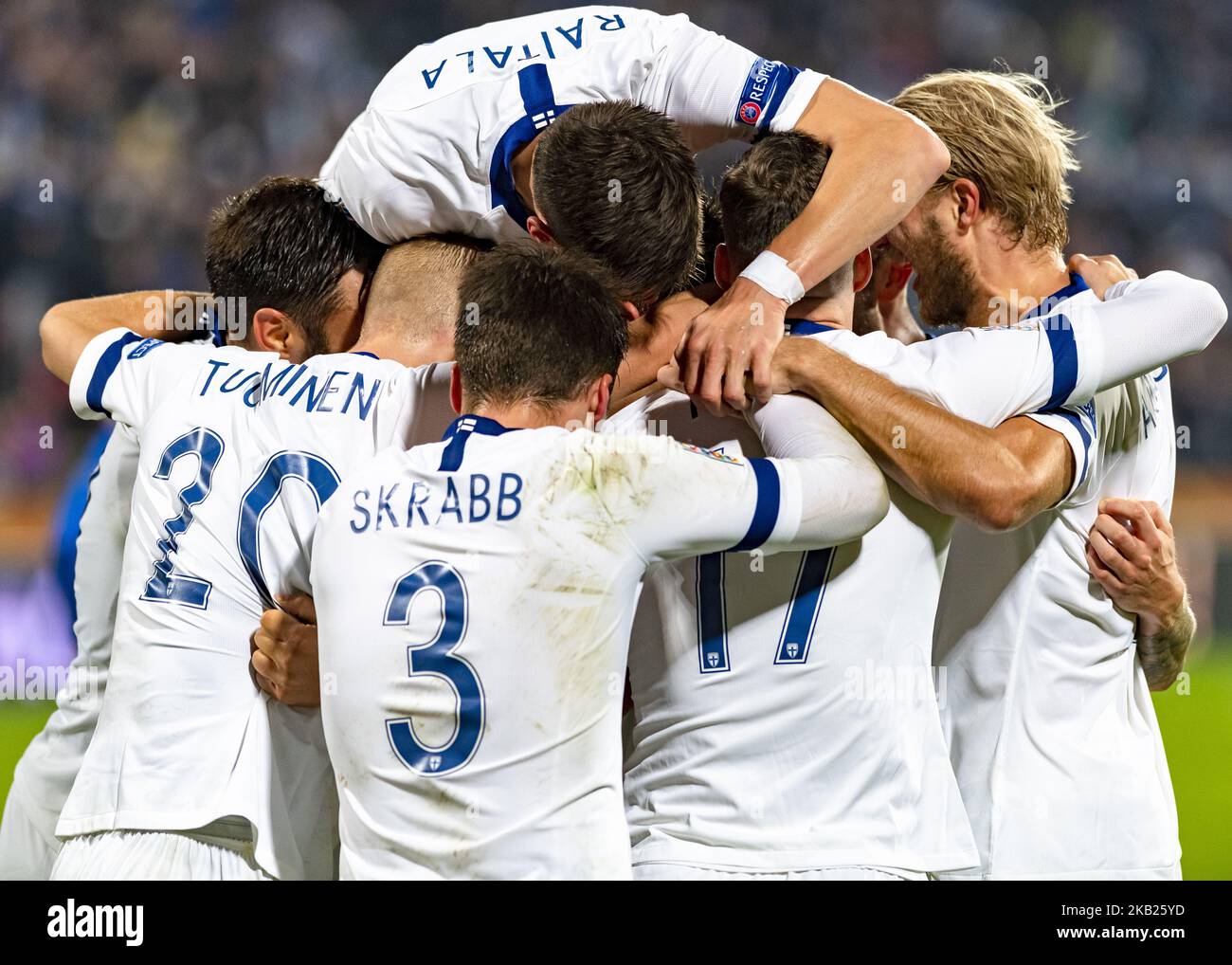 Finland's players celebrate a scoring during the UEFA Nations League group stage football match Finland v Grece in Tampere, Finland on October 15, 2018. (Photo by Antti Yrjonen/NurPhoto) Stock Photo