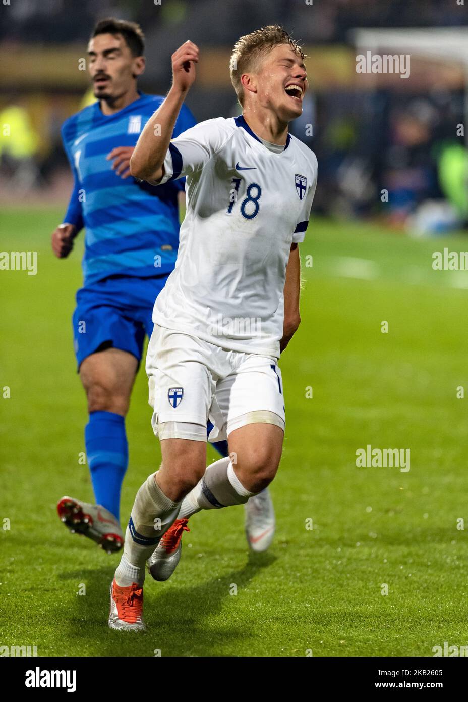 Jere Juhani Uronen of Finland celebrates during the UEFA Nations League group stage football match Finland v Grece in Tampere, Finland on October 15, 2018. (Photo by Antti Yrjonen/NurPhoto) Stock Photo