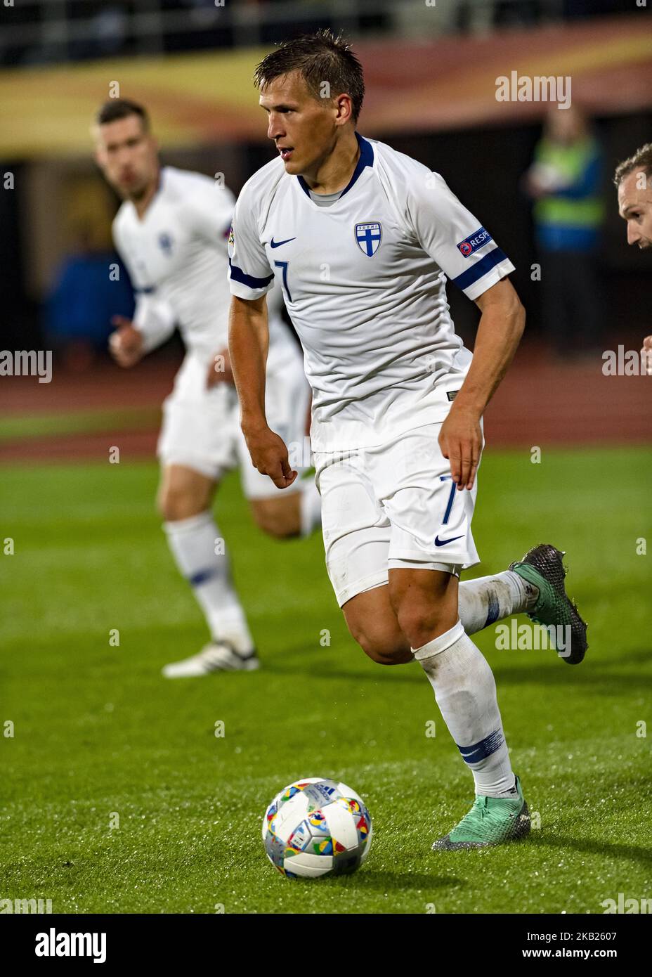 Robin Lod of Finland controls the ball during the UEFA Nations League group stage football match Finland v Grece in Tampere, Finland on October 15, 2018. (Photo by Antti Yrjonen/NurPhoto) Stock Photo
