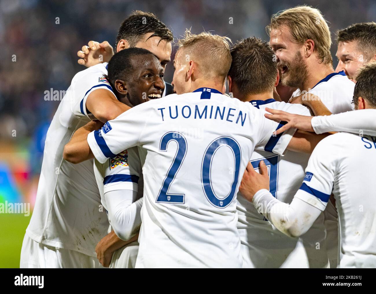 Jasse Tuominen of Finland celebrates scoring with his team-mates during the UEFA Nations League group stage football match Finland v Grece in Tampere, Finland on October 15, 2018. (Photo by Antti Yrjonen/NurPhoto) Stock Photo