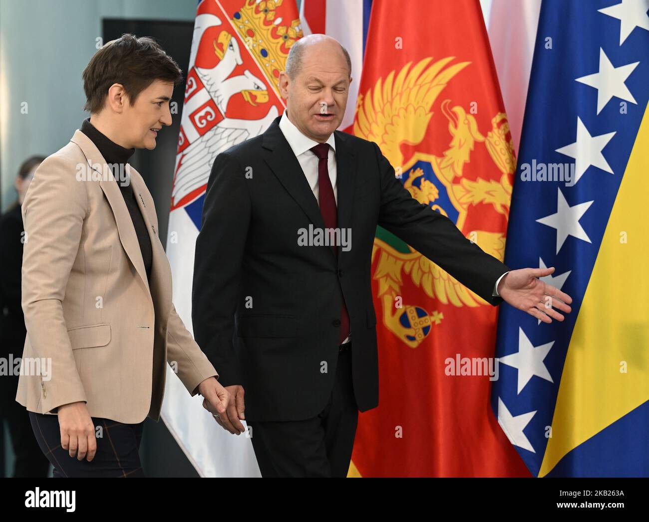 Berlin, Germany. 03rd Nov, 2022. German Chancellor Olaf Scholz (SPD) welcomes Serbia's Prime Minister Ana Brnabic, to the Western Balkans Summit. The heads of state and government of the six Western Balkan states aspiring to join the EU are taking part. Credit: Britta Pedersen/dpa/Alamy Live News Stock Photo