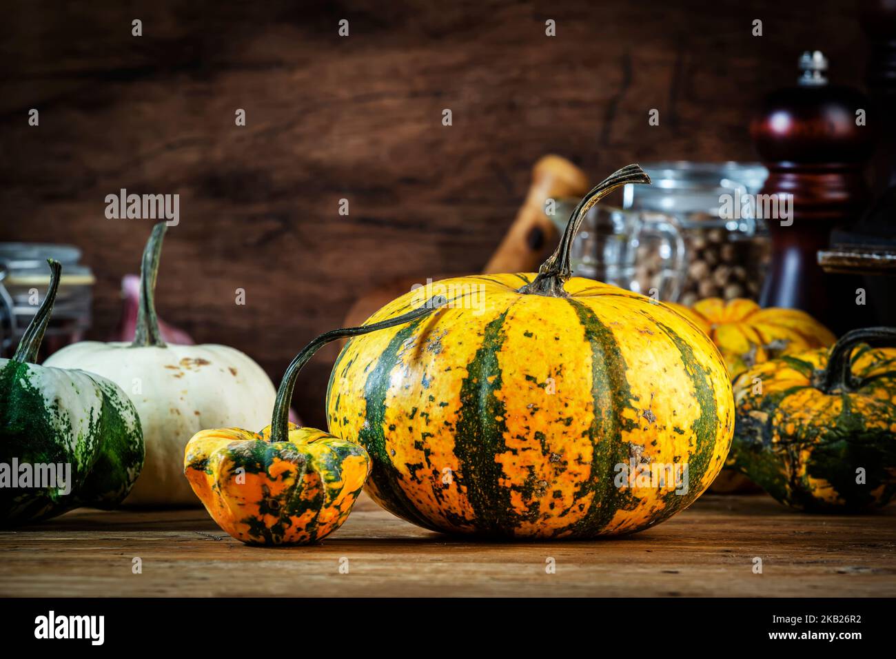 Autumn food cooking background with organic farm pumpkins, herbs and ...