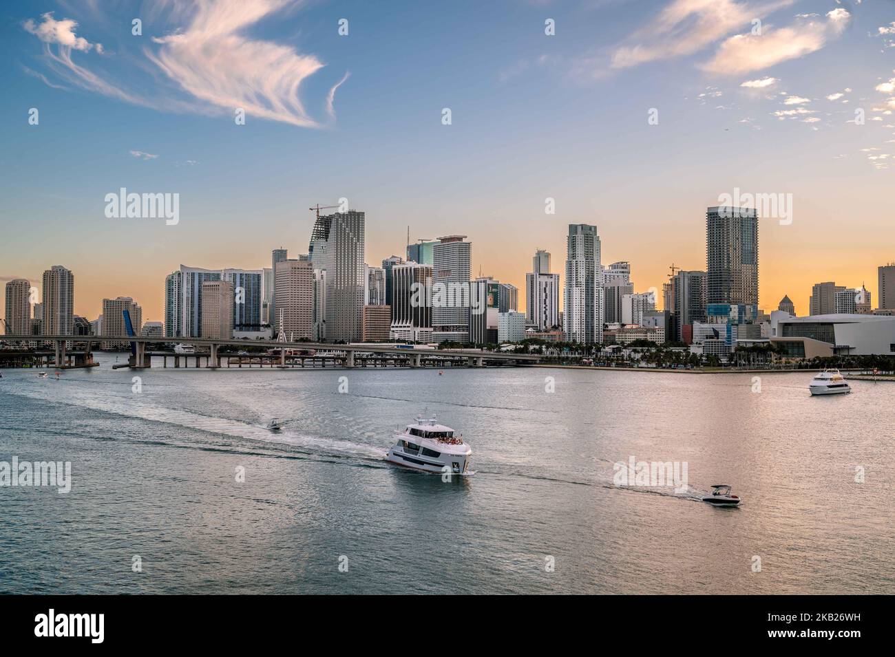 Golden hour Cityscape of Miami Brickell at Sunset - yacht Stock Photo