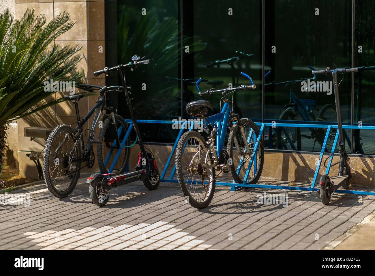 Bicycle parking in the school yard. Stock Photo