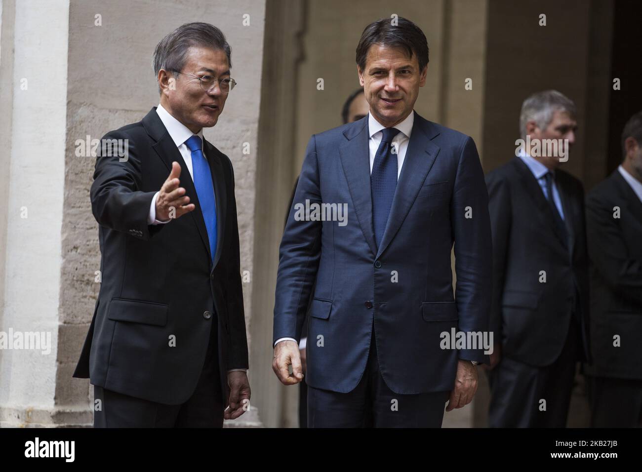 Italy's Prime Minister Giuseppe Conte welcomes South Korean President Moon Jae-in on October 17, 2018 at Palazzo Chigi in Rome, Italy.South Korean President Moon is currently on a tour of Europe. (Photo by Christian Minelli/NurPhoto) Stock Photo