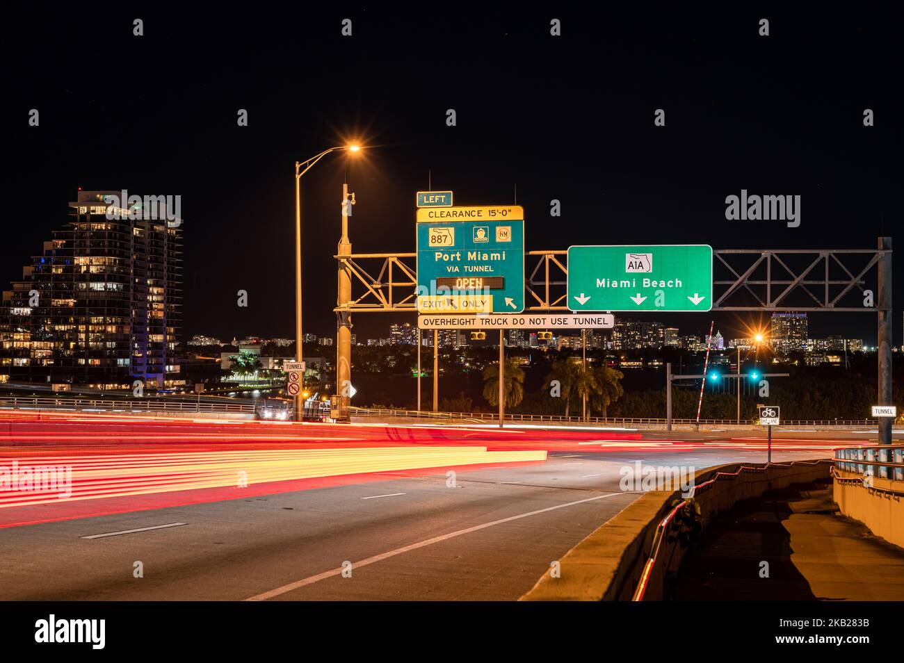 Long Exposure MacArthur Causeway with Road/highway signage Miami