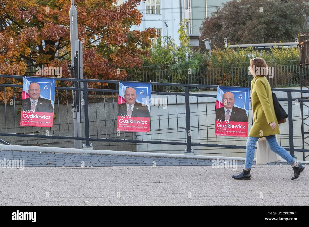 Karol Guzikiewicz campaign poster is seen in Gdansk, Poland on 19 October 2018 Candidates in local elections hang thousands of posters on every bus and tram stop on fences, bridges , crossroads and almost every public place in the city. Campaign before the 21st October 2018 local elections ends on Friday and then starts Election silence till the end of voting on Sunday evening (Photo by Michal Fludra/NurPhoto) Stock Photo